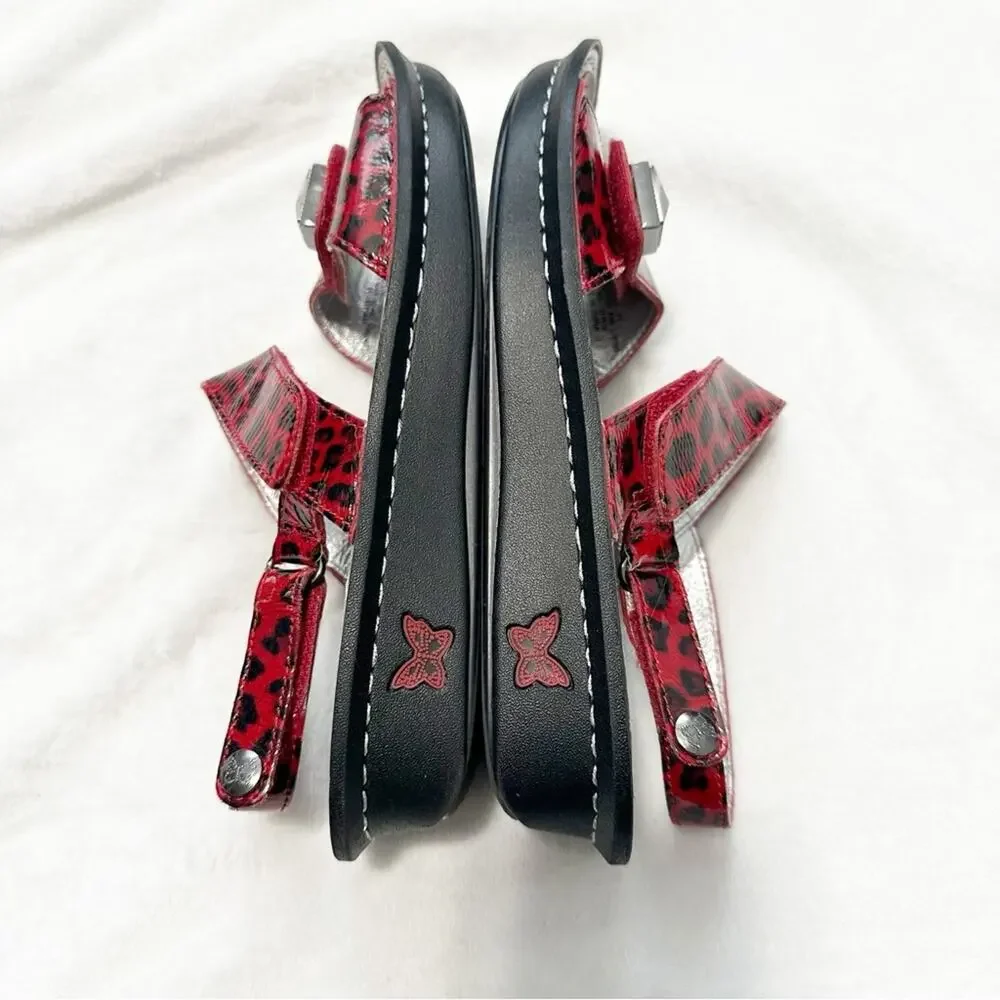 Alegria red snow leopard sandals open toe Velcro silver embellished size 37